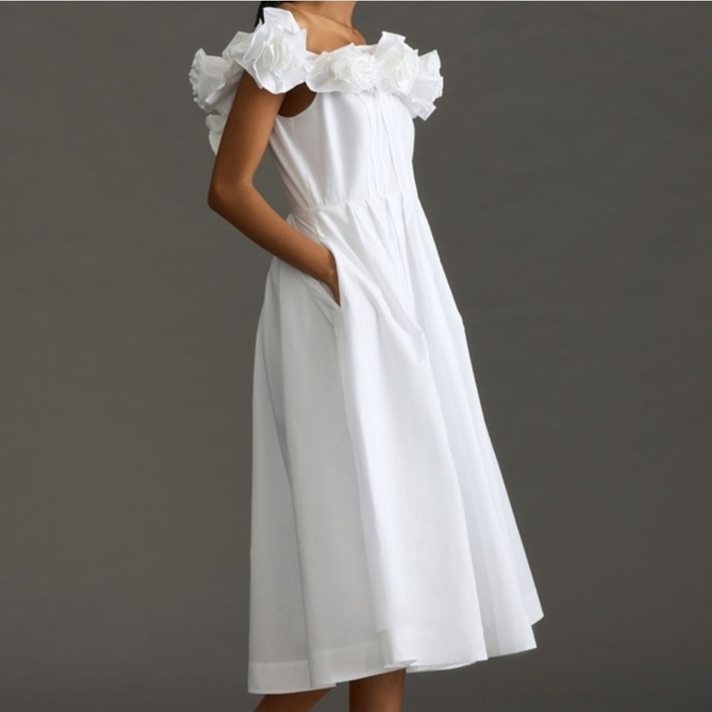 Maeve by Anthropologie Ruffled Neckline Pleated Cotton Dress Women's Sz MP White